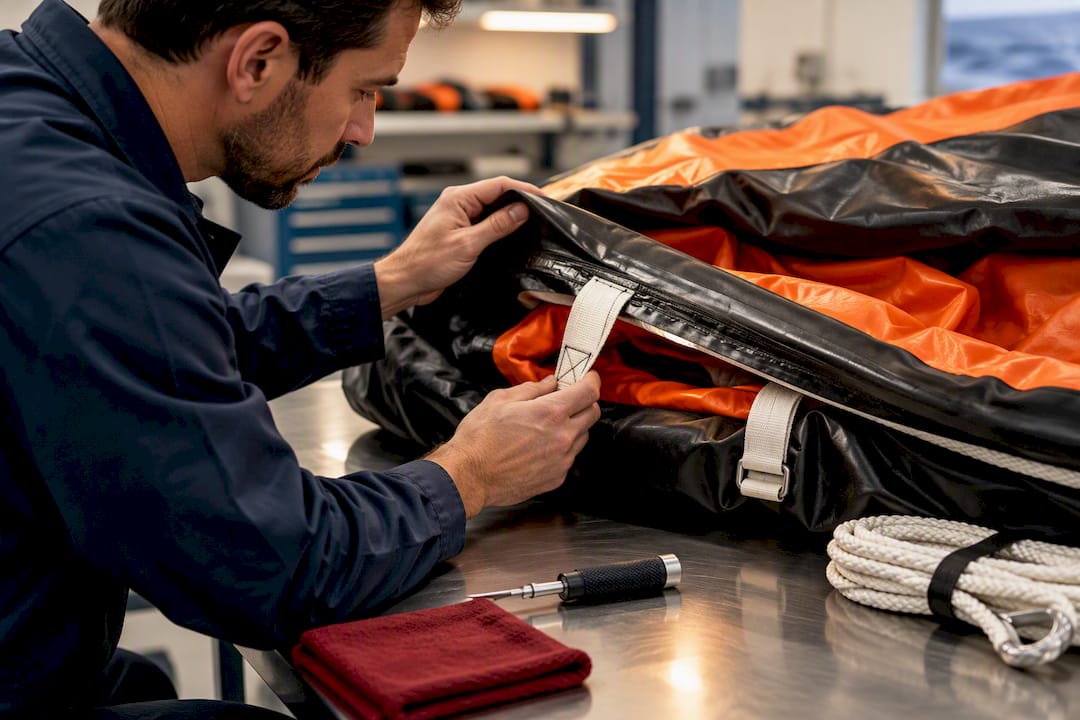 Technician inspecting liferaft equipment