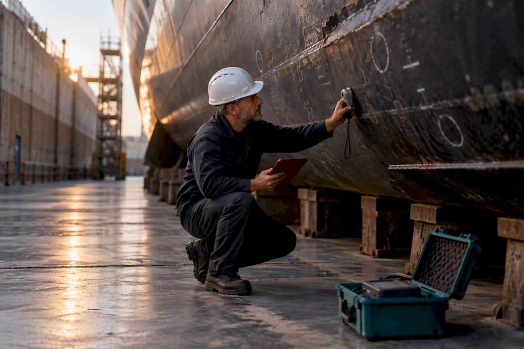 Surveyor inspecting yacht hull in dry dock
