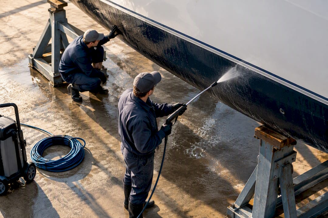 Technicians maintaining hauled-out yacht hull