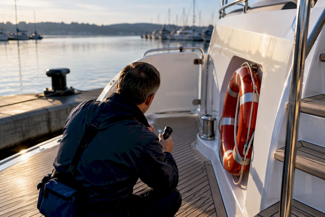 Surveyor inspecting yacht for commercial registration