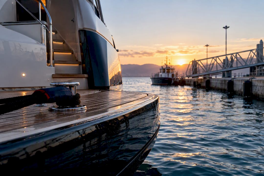 Yacht stern at regulated coastal berth