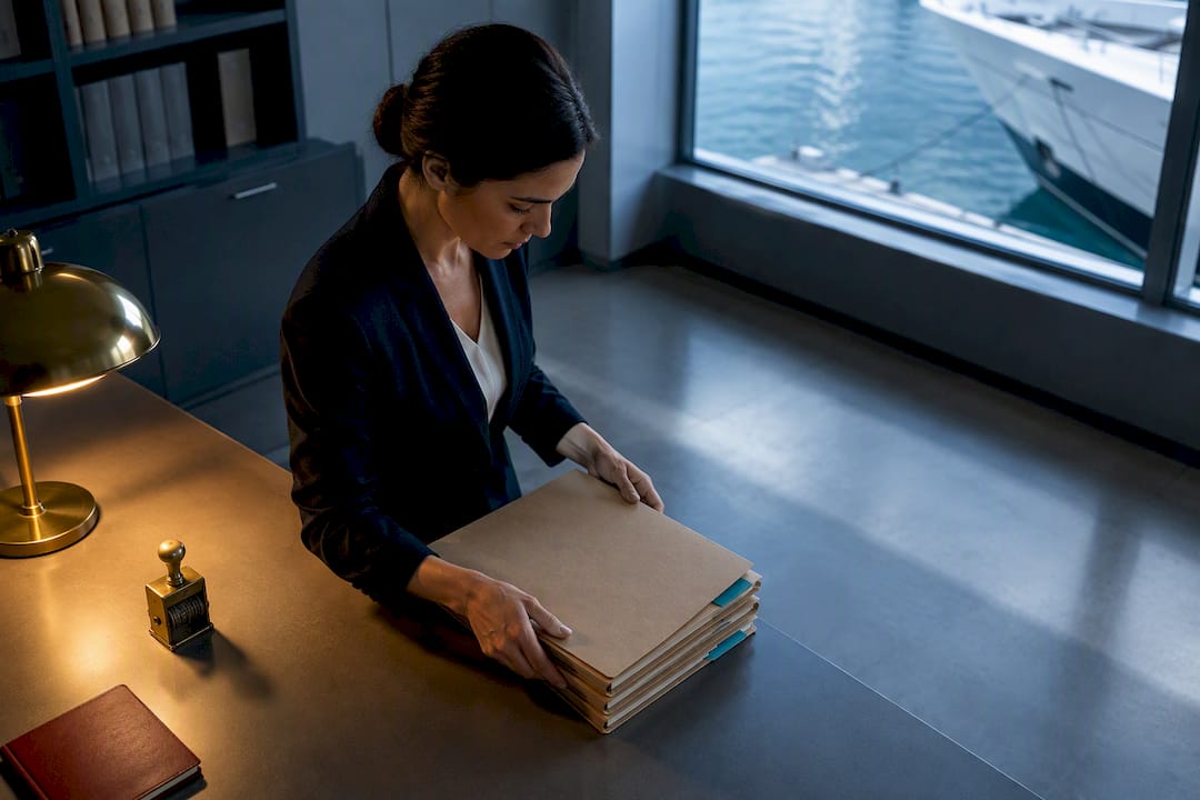 Maritime registry files beside harbor window