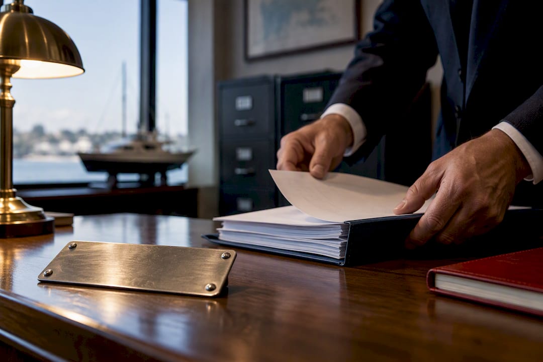 Maritime mortgage filing packet beside vessel identifier