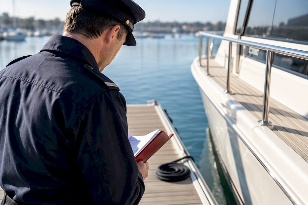 Port official checking yacht registration papers