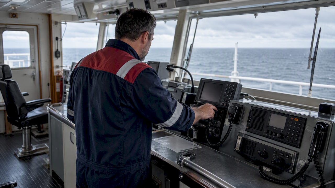 Operator checking GMDSS marine radio console