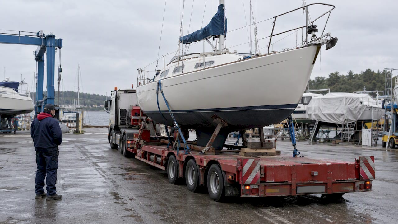 Yacht secured on road transport trailer