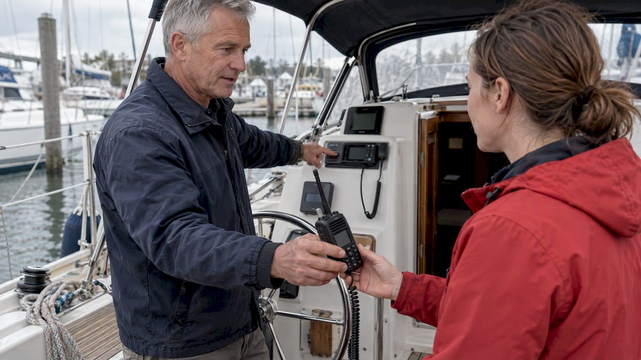 Boat buyer receiving marine radio during sale