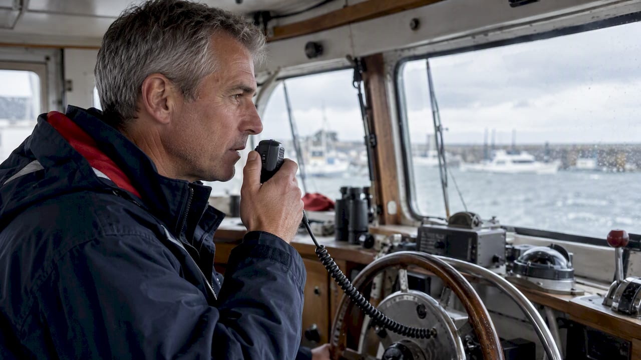 Yacht owner speaking into VHF radio