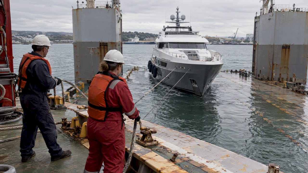 Yacht floating onto a heavy-lift ship