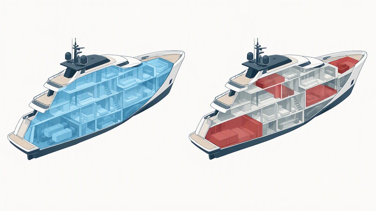 Yacht cross-section showing two tonnage views