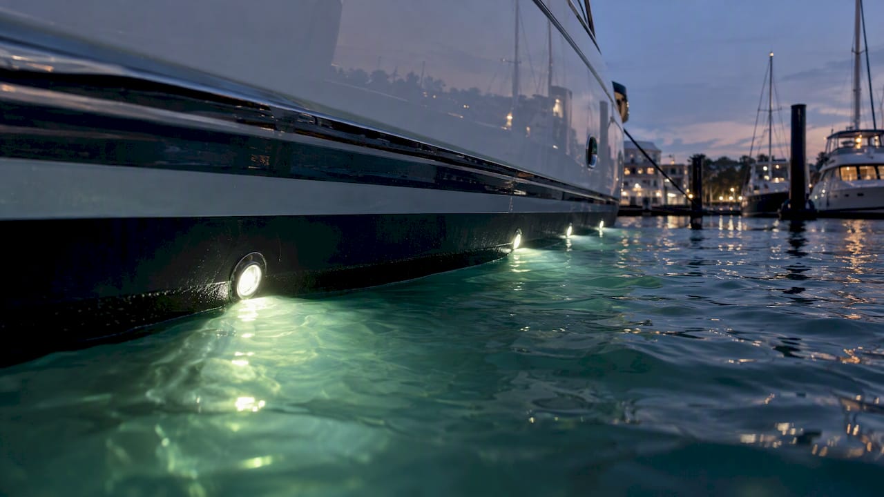 Underwater lights mounted along a yacht hull