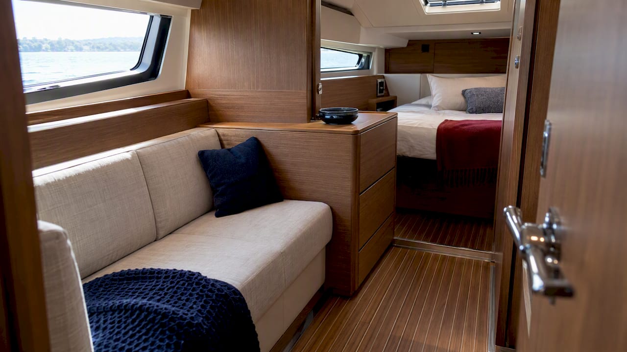 Yacht cabin with matte veneer and upholstery
