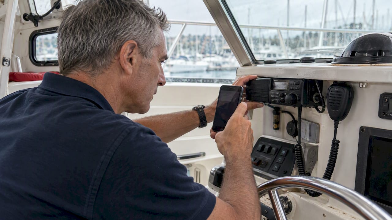 Skipper photographing a yacht VHF radio nameplate