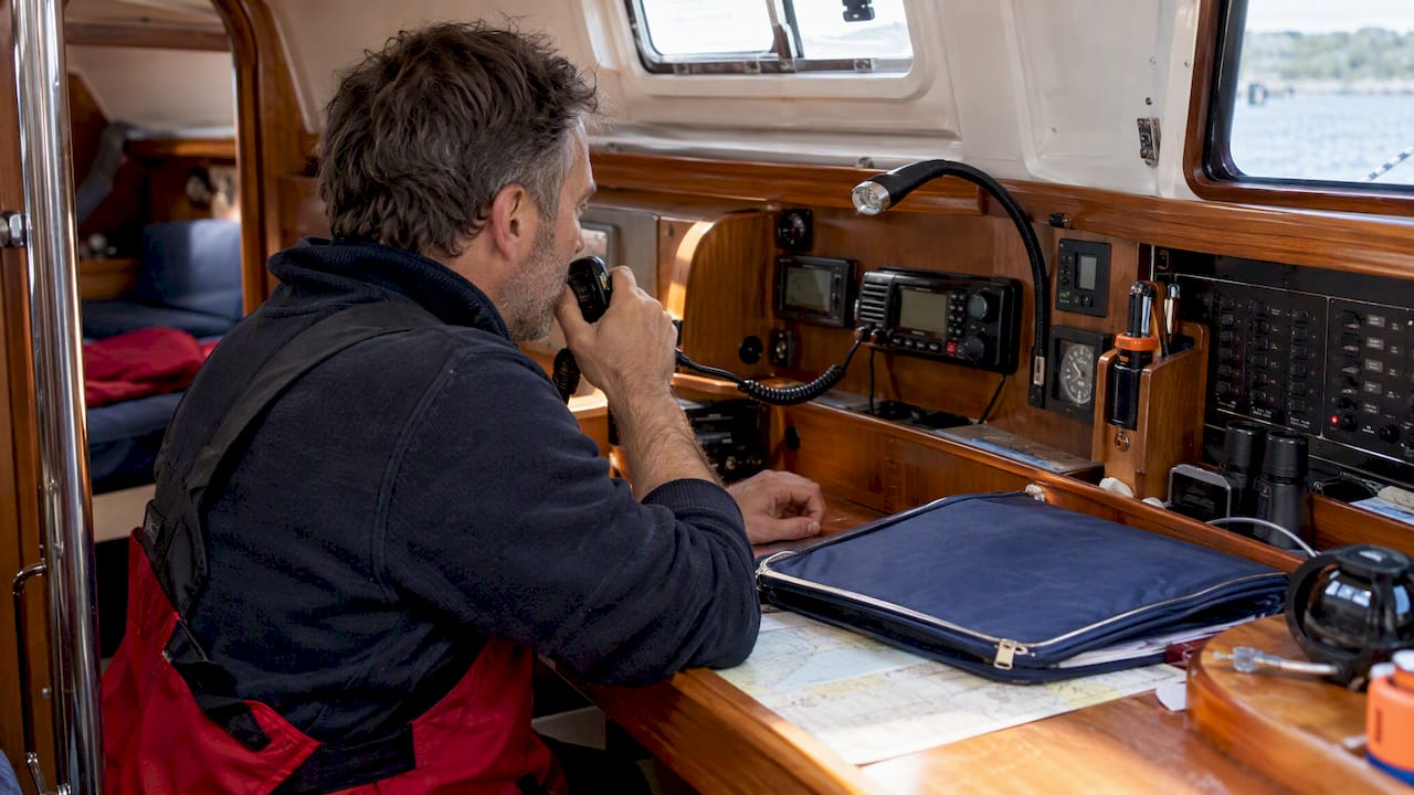 Fixed VHF radio at a yacht navigation table