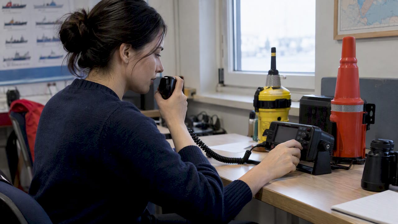 Trainee practicing on marine radio equipment