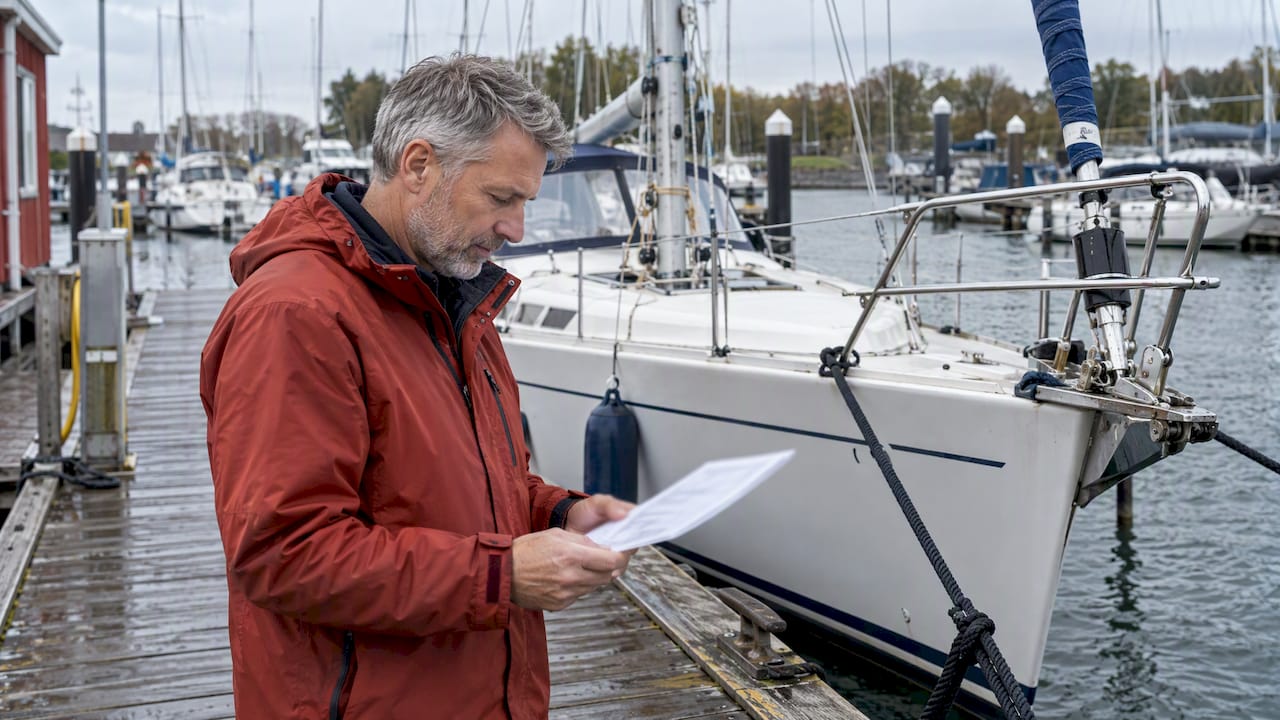 Owner checking interim registration beside yacht