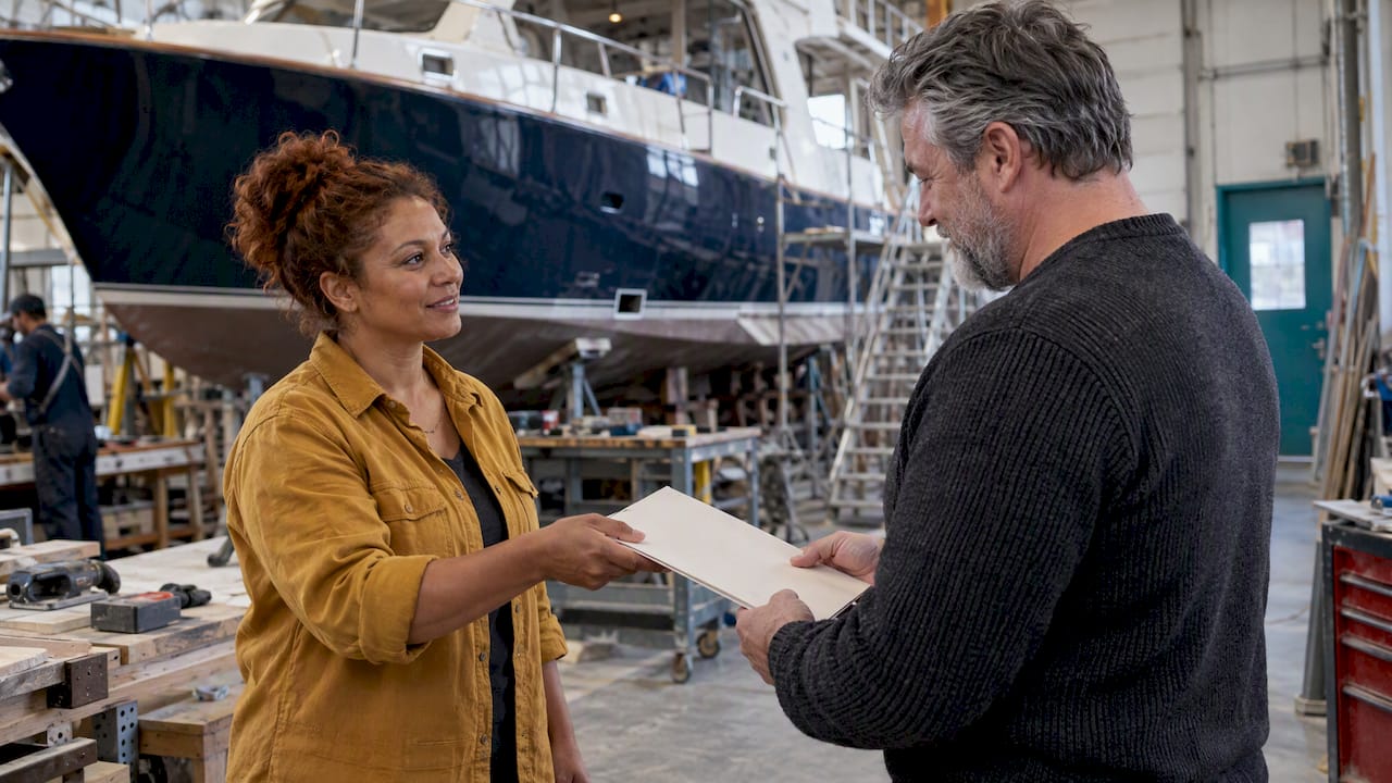 Builder hands certificate to yacht’s first owner