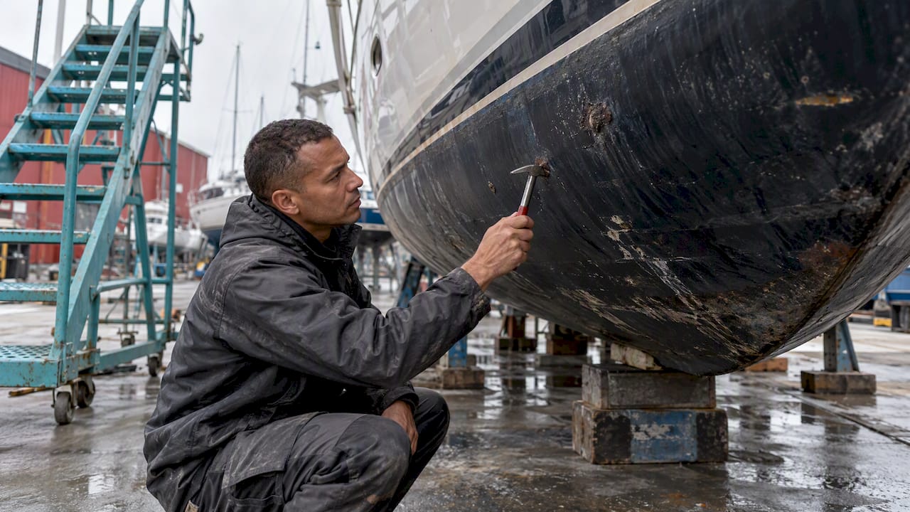 Surveyor inspecting a yacht hull in dry dock